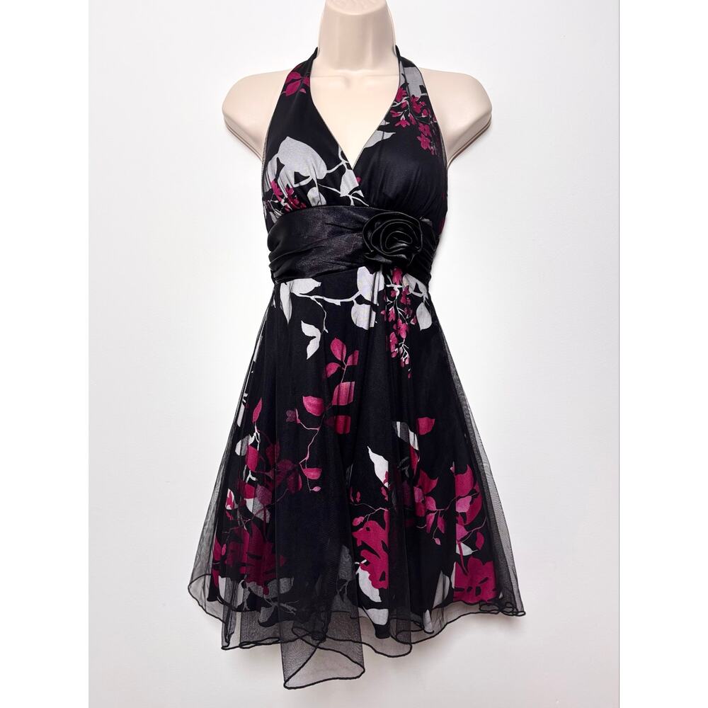 Vtg Y2K Speechless Black Tulle Overlay Pink Floral Print Tieback Halter Dress